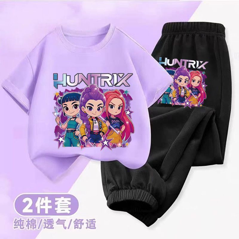 kpop猎魔女团女童套装2026新款夏季纯棉短袖春秋卫衣裤中大童潮流