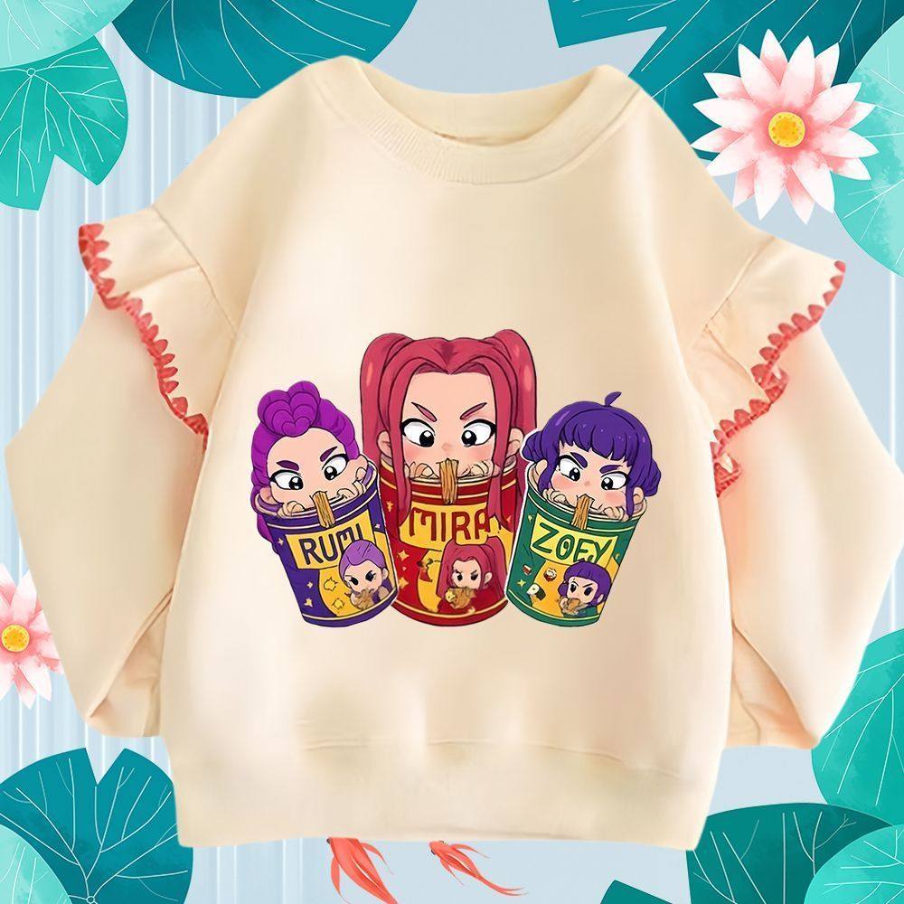 卡通猎魔女团春秋冬款中大女童荷叶边薄款圆领卫衣宽松休闲上衣潮