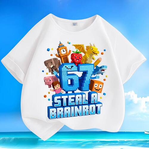 跨境Steal a Brainrot67号偷走脑红山海经男女童休闲纯棉短袖T恤