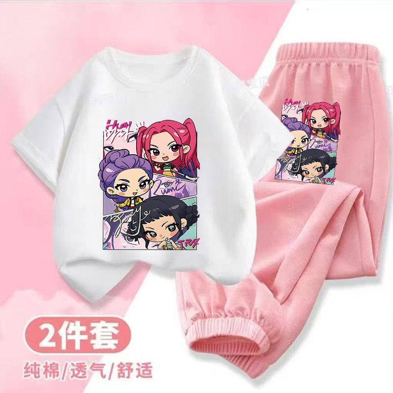 kpop猎魔女团女童套装2026新款夏季纯棉短袖春秋卫衣裤中大童潮流
