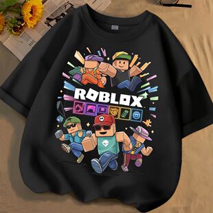 个性Boblox帅气卡通夏季男女款中大儿童纯色短袖休闲圆领宽松t恤