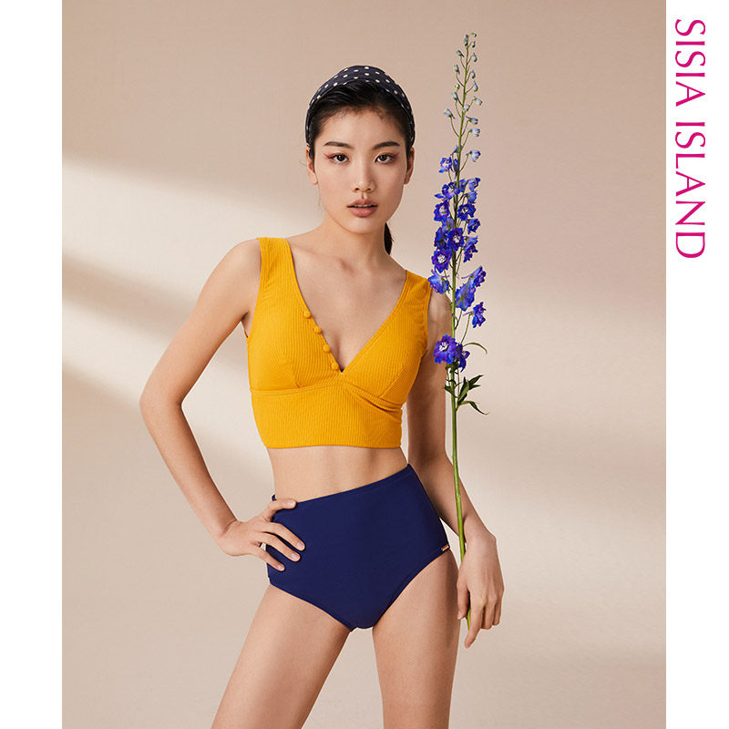 SISIA新款泳衣女分体无袖低V领时尚撞色性感露背遮肚显瘦温泉度假