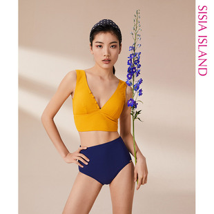 撞色性感露背遮肚显瘦温泉度假 低V领时尚 SISIA新款 泳衣女分体无袖