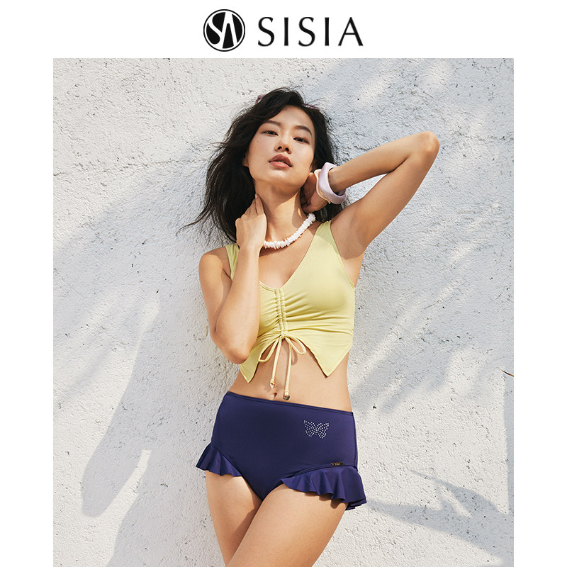 SISIA2024新款泳衣女分体高腰显瘦性感深v褶皱美背温泉度假高级感