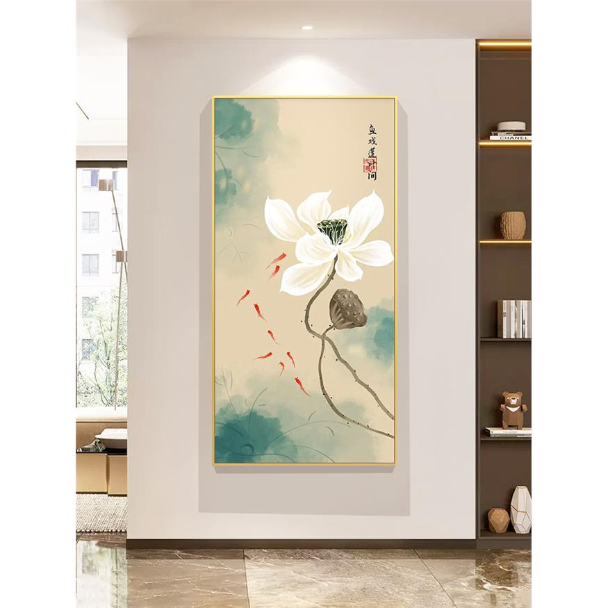荷花鱼图玄关进门装饰画