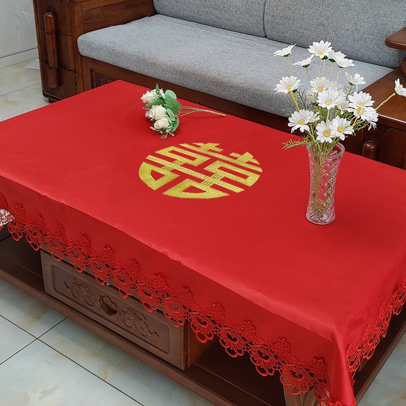 大红色喜庆绣花餐桌布长