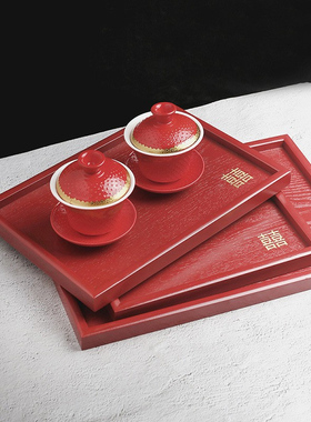 吾家婚品木质托盘结婚婚庆敬茶杯水果圆形方形红色敬酒盘子