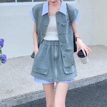 韩版时尚条纹衬衫拼接上衣套装女2025夏季新款显瘦牛仔短裙两件套