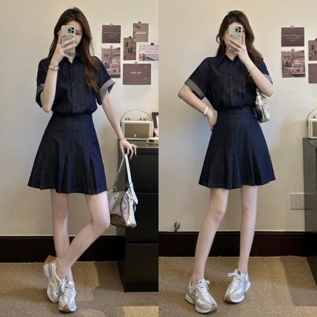 大码女装夏季时尚气质假两件套牛仔短袖连衣裙胖mm收腰显瘦短裙子