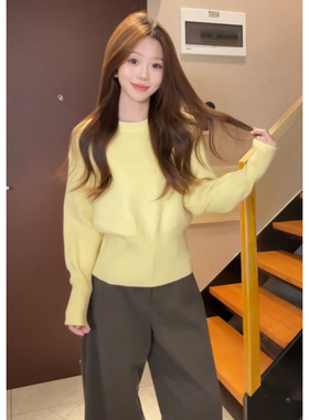 黄色圆领套头打底毛衣女秋冬小众加厚收腰显瘦内搭针织衫长袖上衣