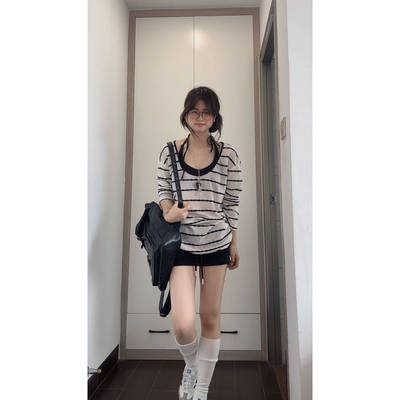 防晒罩衫两件套夏季慵懒松弛感宽松长袖T恤女内搭背心吊带小上衣