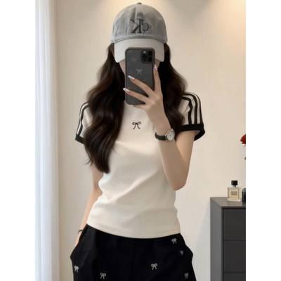 美式复古条纹正肩短袖t恤女夏季蝴蝶结修身显瘦短款上衣学生小衫