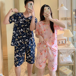 情侣夏装棉绸睡衣女款短袖家居服套装圆领印花大码男人造棉家居服