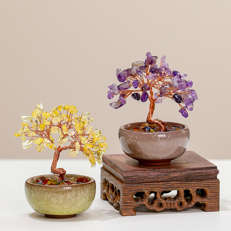 发财树聚宝盆碎石可爱手工摆件2025新款紫水晶桌面创意装饰摇钱树