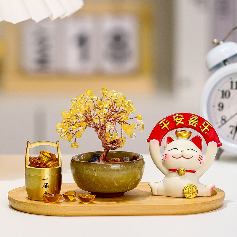 招财猫摆件发财树高档职场日进斗金小摆件办公室生日礼物一桶金