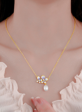 925银女锁骨链珍珠紫藤花项链