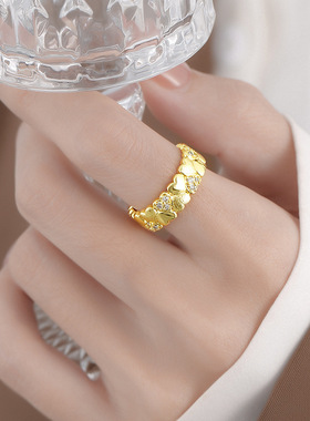 女925银轻奢食指戒双层爱心戒指