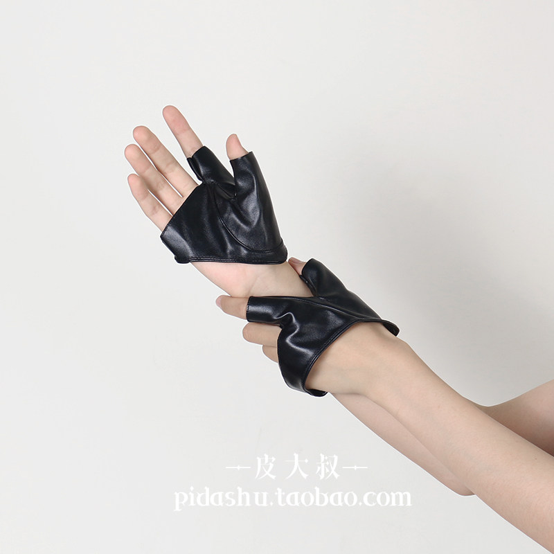 哥特赛博半指半掌露指皮手套cos蹦迪亚比少女朋克半截两指短手套