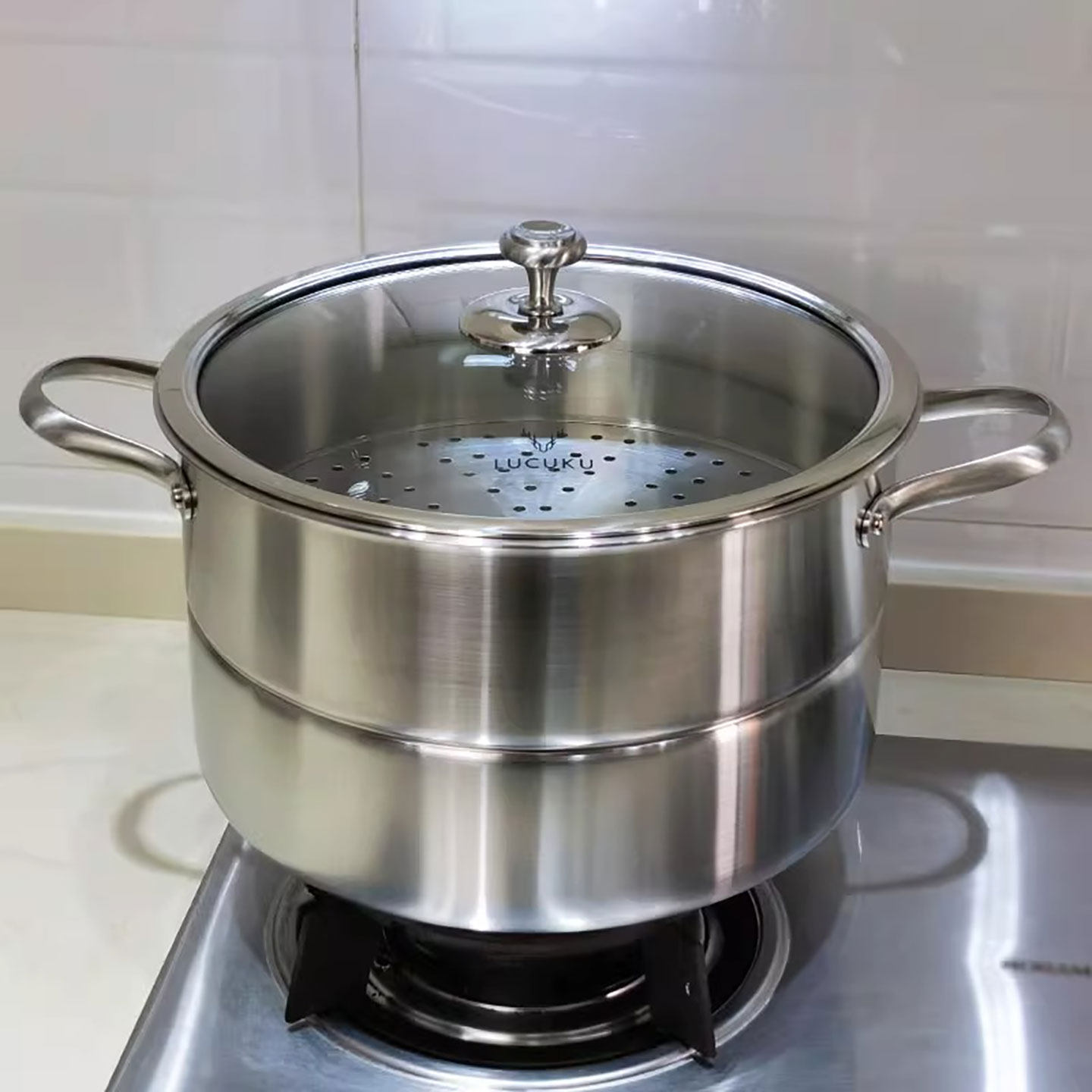 LUCUKU304不锈钢蒸锅家用加厚三层钢多用途大汤锅蒸煮两用锅28cm