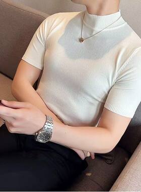 小高领丝光棉冰丝t恤男凉感透气紧身弹力短袖收口设计感针织上衣