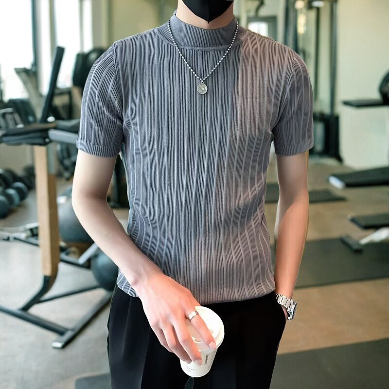 秋冬季半高领打底衫男士短袖针织衫爆款西装内搭t恤纯色半袖上衣