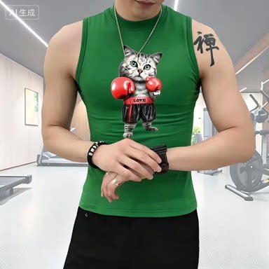 男士高领汗背心修身型弹力透气紧身无袖健身运动打底衫潮流印花衫