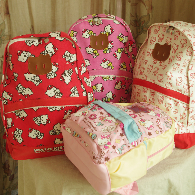 正品hello kitty双肩包女生旅游背包卡通印花帆布背包中大童书包