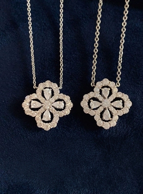 Star Ray花型四叶草项链女满钻白金吊坠小众轻奢纯银锁骨链钻石