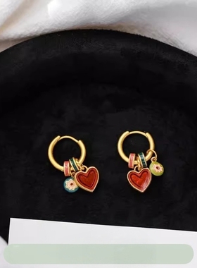 新中式彩色小花红色爱心耳扣耳环女金色心形耳圈圆环耳饰女士