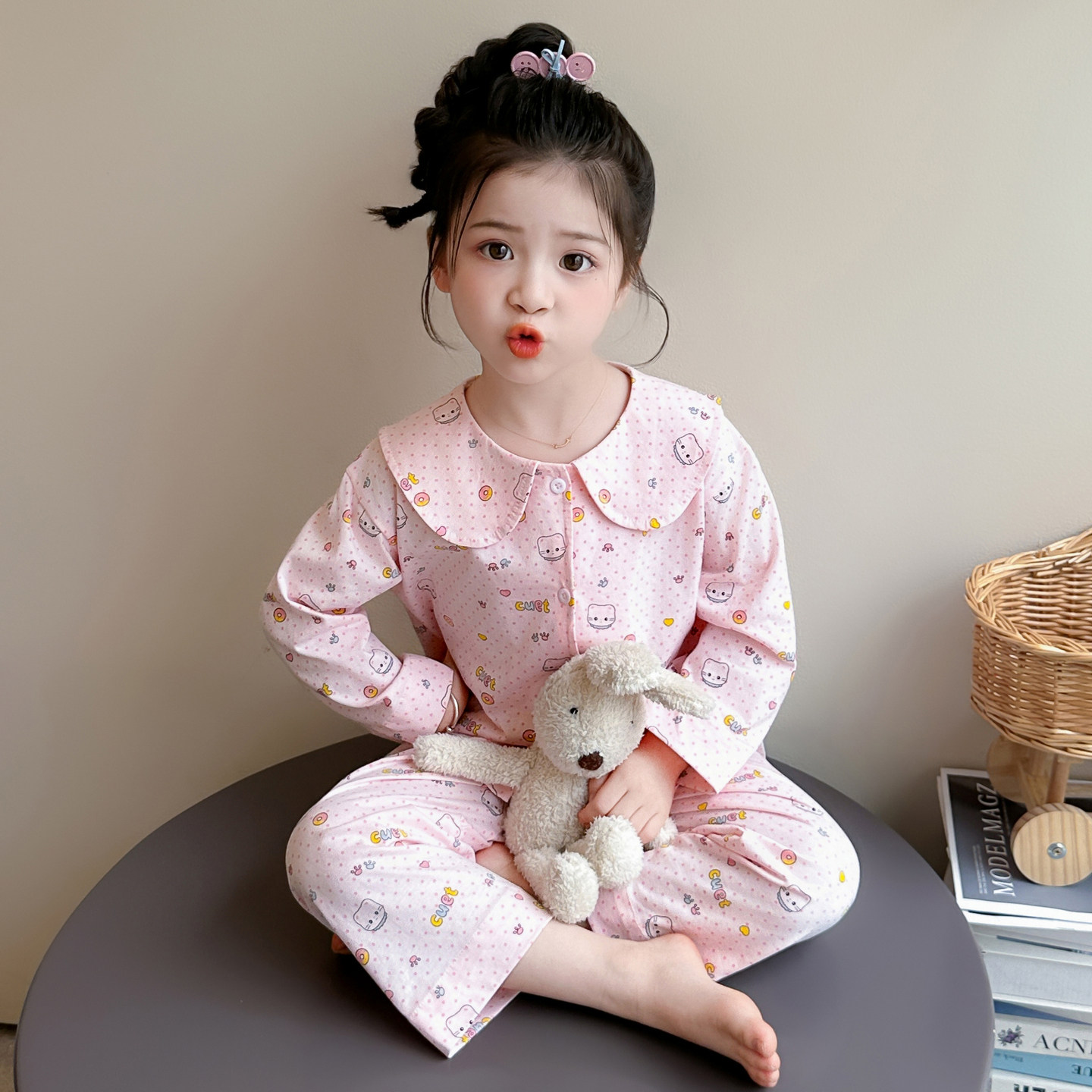 女童纯棉娃娃领长袖睡衣套装