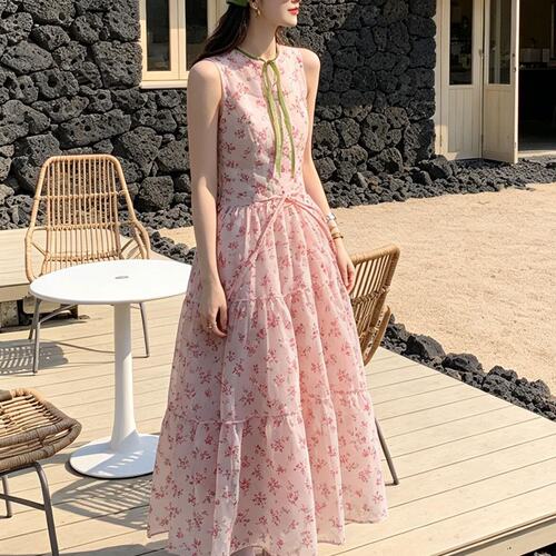 le rouge周美美 雾纱萦梦少女梦幻粉色碎花欧根纱背心连衣裙