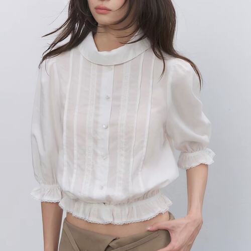 已出货 Soote Se缓序系列原创假两件花边圆领中袖短款衬衫上衣女