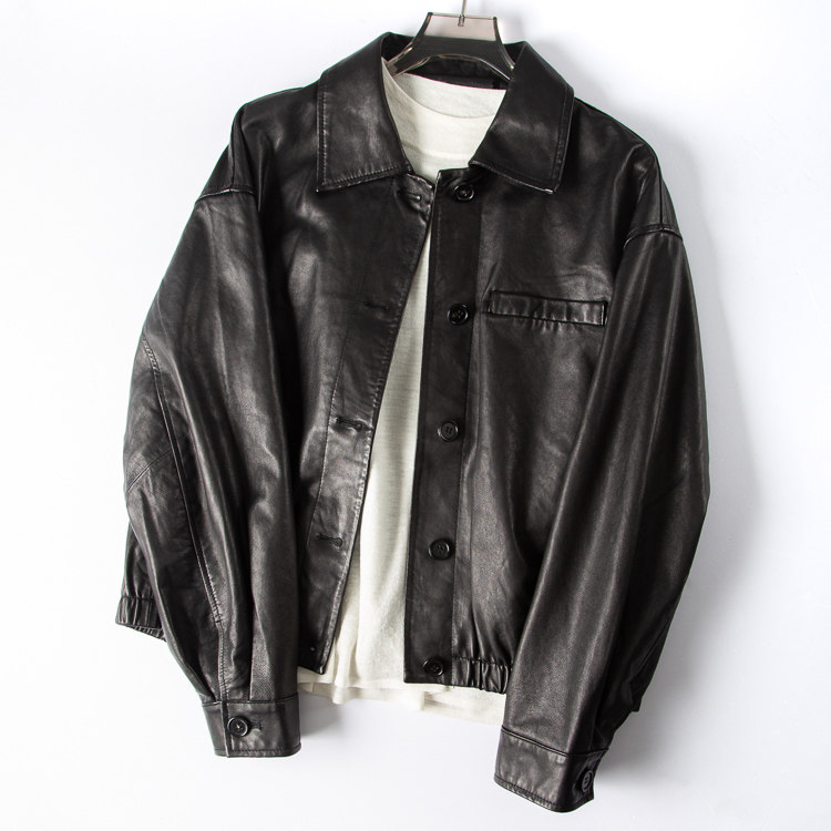 明星款法式翻领进口植鞣绵羊皮柔软真皮松紧收下摆短款皮衣外套女