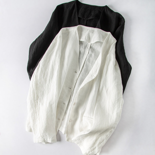 简约文艺舒适透气百搭法国高品质JIN口纯亚麻V领外套短上衣女春夏