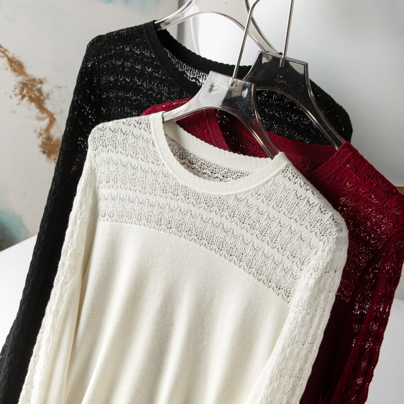 钩花镂空100%精纺美丽诺羊毛衫女