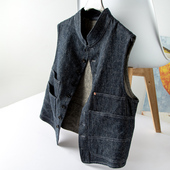 日系复古工装 风大口袋亚麻棉花纱牛仔国风立领无袖 宽松休闲马甲女