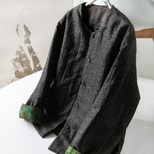 新中式 口撞色夹棉圆领棉服外套女 国风奢华重磅真丝香云纱龟裂纹袖