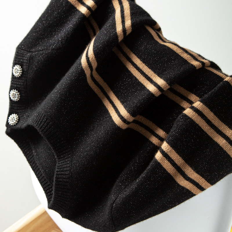高级经典黑黄条纹掺亮丝羊毛水钻纽扣针织毛衣羊毛衫上衣2025秋冬,女装/女士精品,毛针织衫,淘宝优惠券,粉丝福利购,淘宝优惠卷