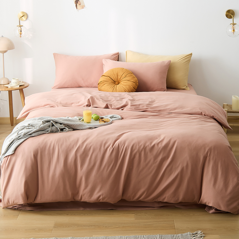 简约纯色双拼全棉针织棉四件套 裸睡纯棉天竺棉被套床单床笠床品