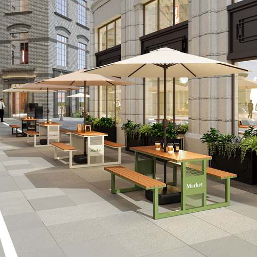 户外桌椅带伞套装庭院花园露天奶茶店咖啡厅外摆休闲连体桌椅组合