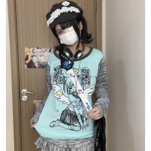 车日时 天使 水蓝色条纹长袖假两件纯棉百搭