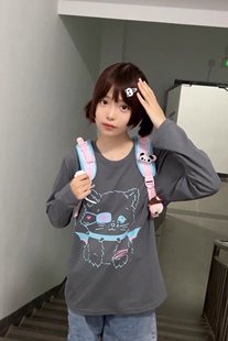 车日时  cherish小恶魔猫猫长袖春秋纯棉正肩日系可爱印花