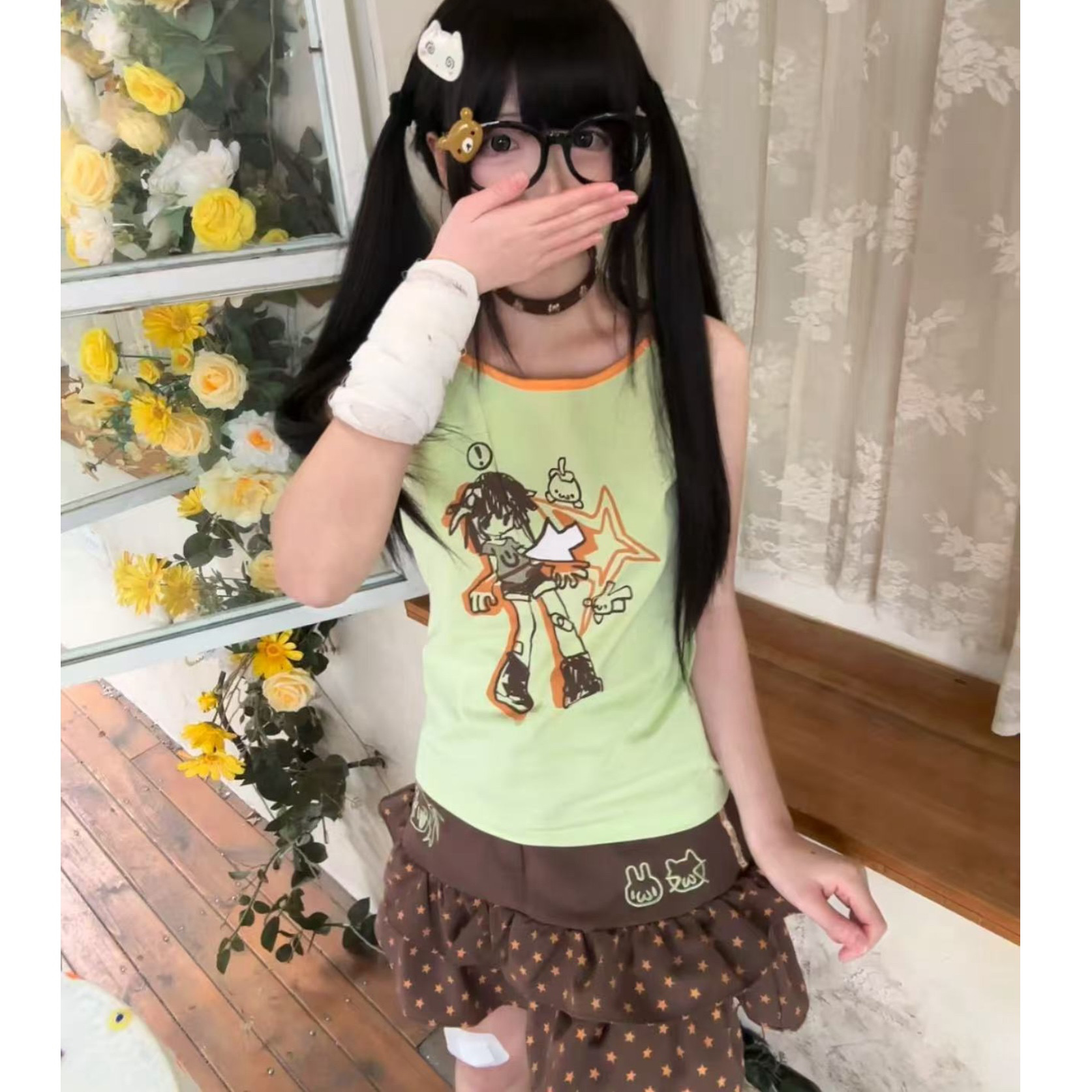 车日时 萌萌蜜瓜 可爱夏日软萌上衣吊带刺绣裙子星星印花甜美