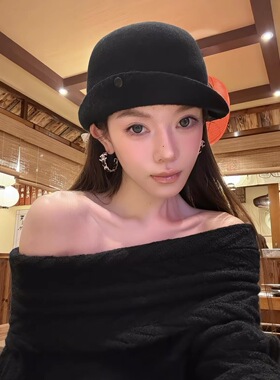 张婧仪同款黑色羊毛翻檐礼帽女秋冬季高级感保暖百搭显脸小渔夫帽