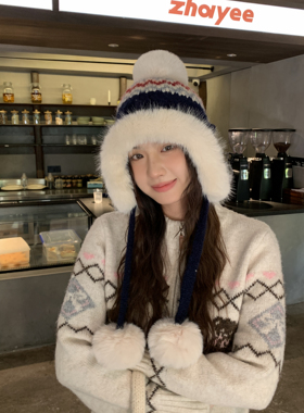 加厚加绒保暖雷锋帽子女秋冬季新款民族风针织帽东北雪乡旅行棉帽