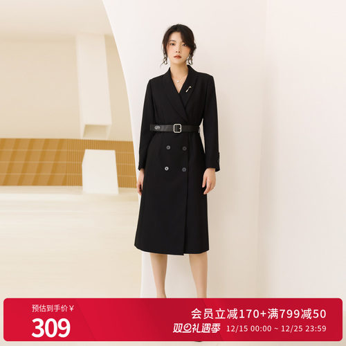 婉甸黑色长款风衣连衣裙外套