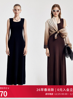 婉甸2026春季新品黑色/橡木棕X型无袖毛织修身连衣裙1251N02YJ1