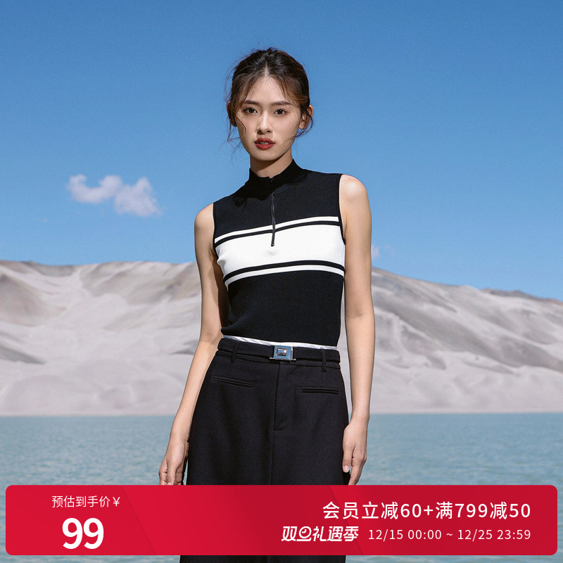 婉甸黑色半拉链无袖毛织套头衫