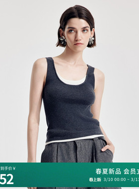 婉甸2026春季新品炭灰色毛织背心假两件撞色拼接针织衫1251G01GX2