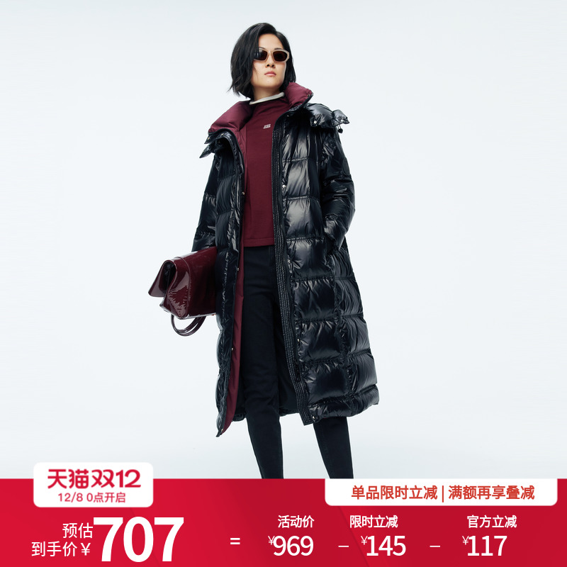 婉甸2025年冬季新品黑色长款连帽女保暖高充绒羽绒服1244D41SX5